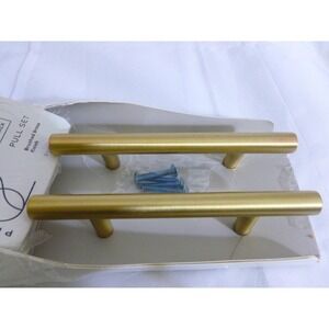 2 PROJECT 62 Brushed Brass Finish Pull Handles 5 3/8" ~New Unused~ Read Listing